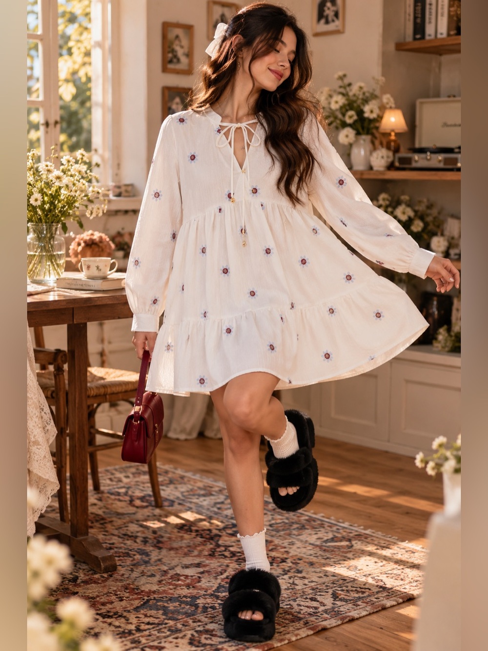 Beige Floral Embroidered Tiered Dress